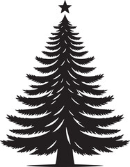 Obraz premium Minimalist Christmas tree silhouette with star topper, black evergreen pine tree icon, festive winter holiday fir tree vector graphic on white background