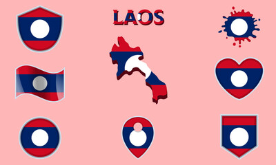 Fototapeta premium Collection of flat national flags of Laos with map