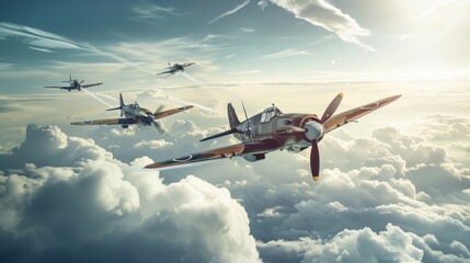 A nostalgic National Aviation Day poster featuring classic World War II fighter planes in a dramatic dogfight above the clouds.