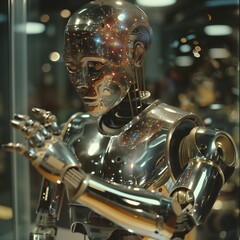 A robot with a galaxy reflected in its metallic body, high-tech, cosmic, futuristic, detailed, reflective