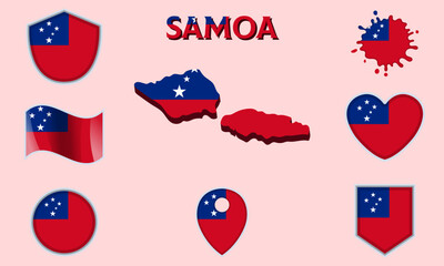 Collection of flat national flags of Samoa with map