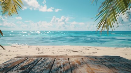 Fototapeta premium Tranquil Summer Beach Scene with Wooden Table Overlooking Blue Ocean, Sandy Background with Palm Leaves