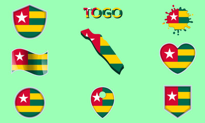 Collection of flat national flags of Togo with map