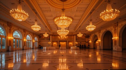 Fototapeta premium A lavish ballroom with ornate chandeliers and grand decor elements exudes opulence and timeless grandeur.
