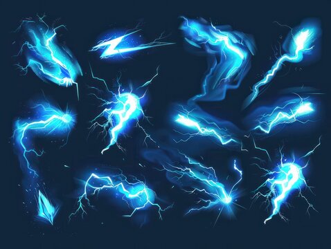 Cartoon lightning animation. Animated frames of electric strike, magic electricity hit and thunderbolt effect vector illustration set. Game asset collection of blue glowing storm bolts