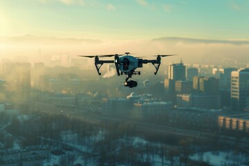 Naklejka premium A drone with a camera flies over a city at sunrise, capturing breathtaking aerial footage. Generative AI