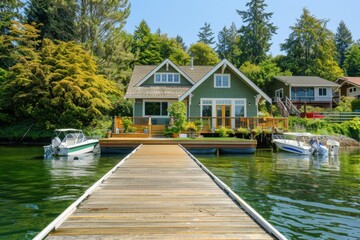 Beautiful lake house with dock shows a large wooden deck leading up to the front of a green colored craftsman style home with white trimmed windows Generative AI