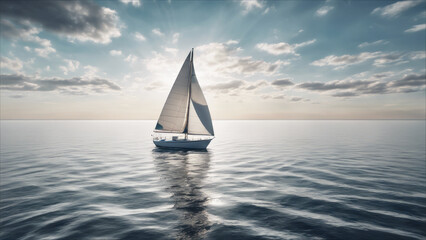 Obraz premium A sailboat in the vast ocean, with the sky and clouds.