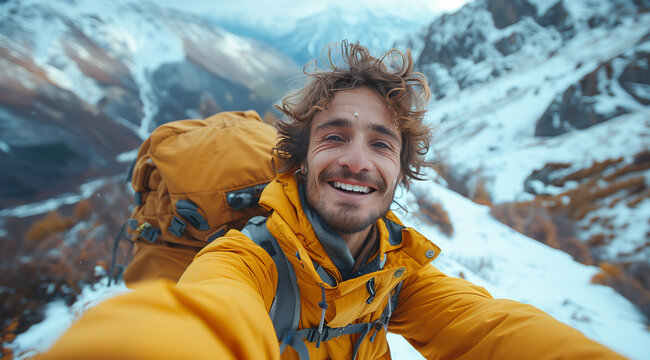 A young hiker traveler taking a selfie from the top of a snow-capped mountain