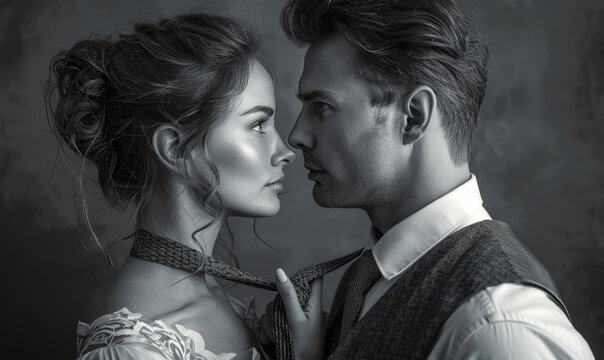 Playful Romance: Woman Pulling Man by Tie with a Love-filled Smile