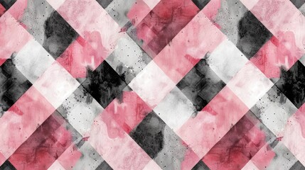 Fototapeta premium Vibrant argyle plaid pattern with a watercolor hand drawn design in pink black and grey Ideal for cloth design wallpaper and wrapping