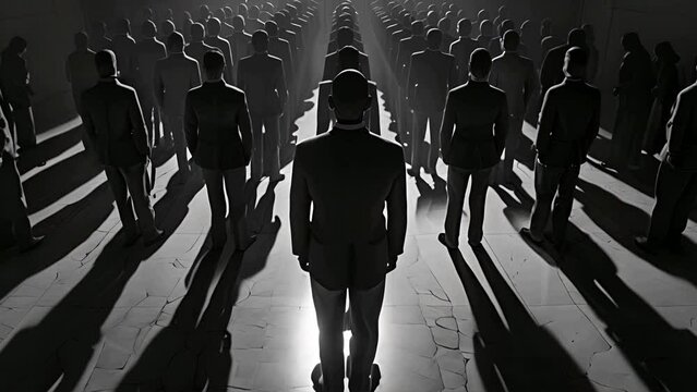 Pushing towards a black and white infinite army of government figures standing in symmetry. For shadow government conspiracy meme.