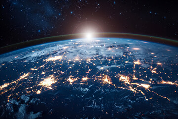 Obraz premium A planet with a bright light shining on it and a lot of shooting stars