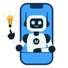 The robot on the phone pointis to the light bulb and develops an innovative business idea or strategy. Innovation and science concept. Chatbot. Vector illustration
