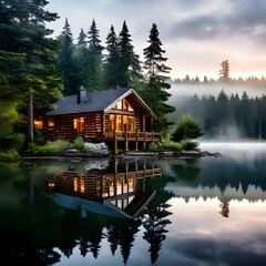 Obraz premium On the shores of a lake is a cabin. AI generated
