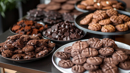 A table full of different types of chocolate cookies and brownies