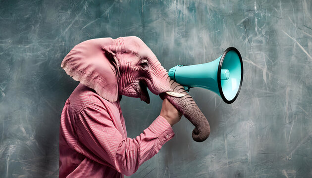 elefant, mit, lautsprecher, schreiend, 3d, close up, copy space, werbung, reklame, urban, verk&uuml;ndend, cartoon, schrei, aufschrei, bunt, rosa, t&uuml;rkis, vibrant, retro, style, wand, shabby, vintage, neu,