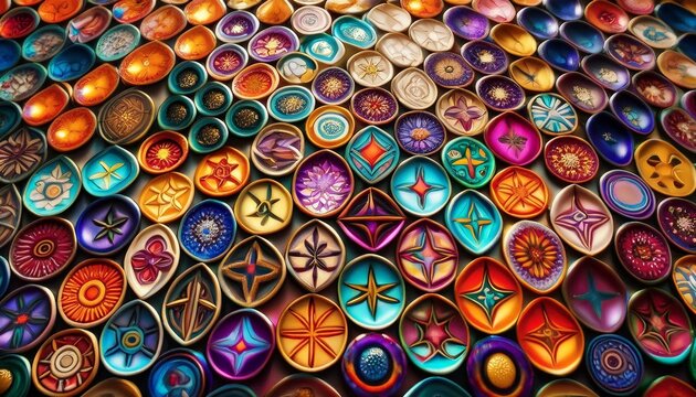 Render an abstract artwork where colors and shapes converge to form a mosaic of religious signs, representing global unity.