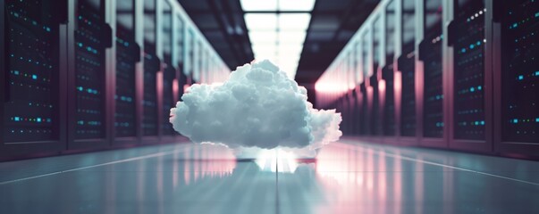 Cloud hovers in a server room, symbolizing the concept of cloud computing