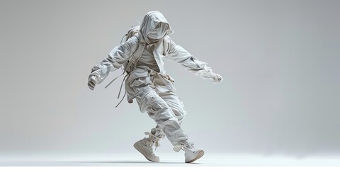 Studio dynamic shot, model in action techwear, background is a clean white space, clothing has flexible design, ultra-detailed scene, model is in mid-motion, 