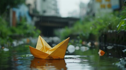 A small yellow paper boat floating in a puddle of rainwater. The boat is in the foreground and is in focus. The background is blurry and out of focus.