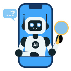 Ai chat bot on the phone searching information. Online support character. Artificial intelligence robot. Chatbot. Vector illustration