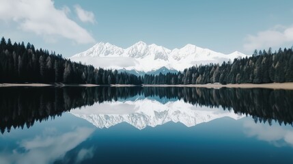 Calm mountain lake perfectly reflecting snow-capped peaks and dense pine trees, a breathtaking and serene scene, ideal for nature and travel photography, perfect mirror image