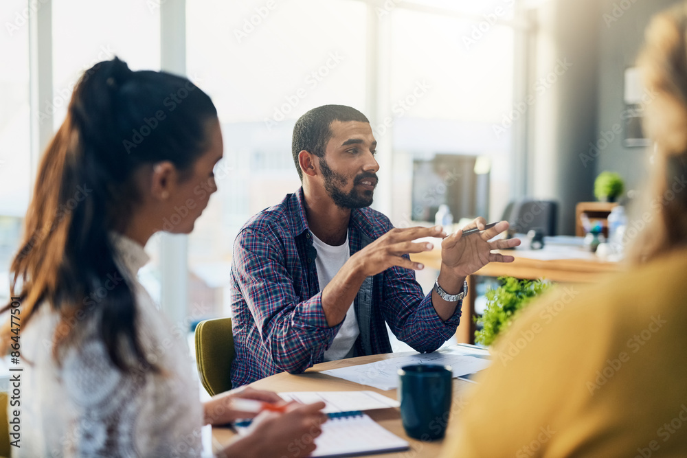 Poster man, business people and startup with documents in meeting, discussion and planning in modern office
