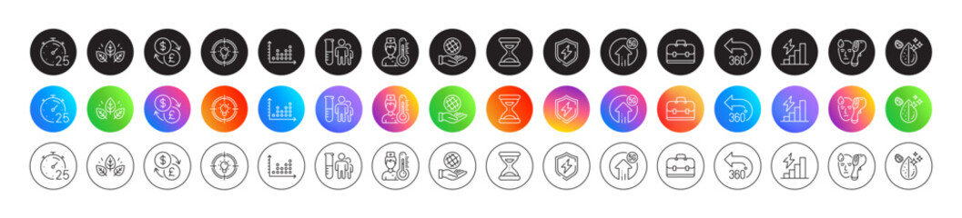 Dirty water, Idea and Organic tested line icons. Round icon gradient buttons. Pack of Portfolio, Thermometer, Time icon. Electronic thermometer, 5g upload, 360 degrees pictogram. Vector