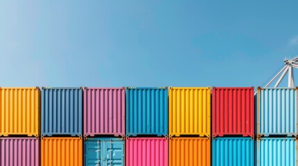 Colorful array of shipping containers at a busy industrial port, clear blue sky overhead, highlighting the importance of global trade and logistics, massive cranes in action