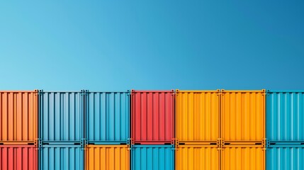 Colorful array of shipping containers at a busy industrial port, clear blue sky overhead, highlighting the importance of global trade and logistics, massive cranes in action