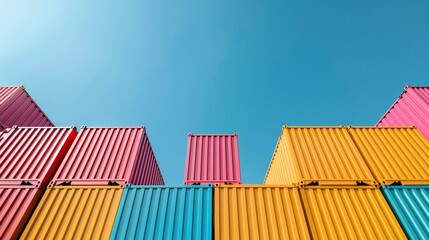 Colorful array of shipping containers at a busy industrial port, clear blue sky overhead, highlighting the importance of global trade and logistics, massive cranes in action