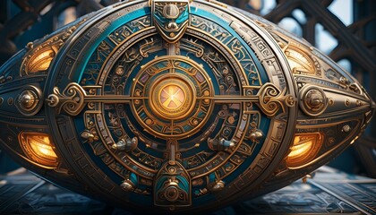 an otherworldly spacecraft adorned with hieroglyphs and symbols reminiscent of ancient religious signs.
