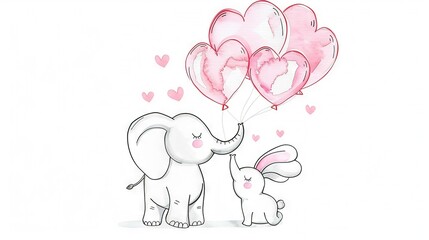 Fototapeta premium Drawing of an elephant and baby holding heart-shaped balloons