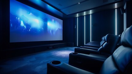 A high-tech home theater with plush seats and a screen casting dynamic silhouettes for an immersive experience.