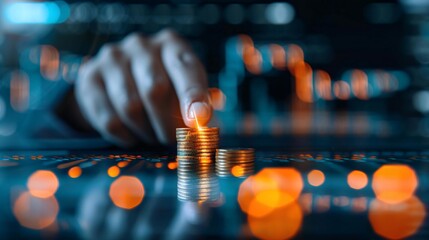 Hand Stacking Coins on Digital Surface with Blurred Lights in Background