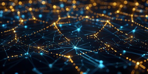 Fototapeta premium Blockchain Technology Abstract representation of blockchain nodes interconnected by glowing lines. Dark background with neon blue and gold accents. highlight digital security.