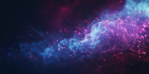 Obraz premium Cloud Computing Visualization Abstract cloud icon with interconnected lines and data nodes, glowing softly. 
