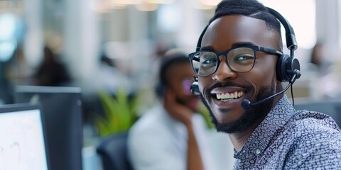 Customer Service Interaction Smiling customer service representative with a headset, interacting with a customer via computer. Bright, welcoming environment with clean, modern design