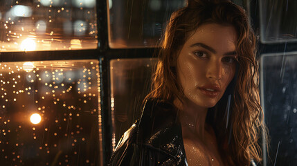 Portrait of a beautiful woman on a rainy night