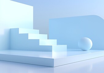 Fototapeta premium Minimalist Geometric Scene with Blue Stairs and Sphere in Modern Abstract Design