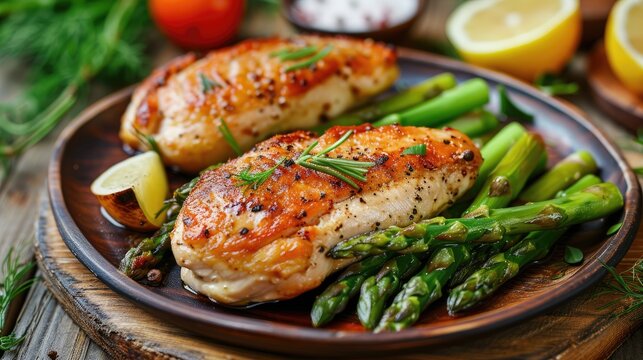Cutlet de Volaille, wrapped chicken cutlet served with cooked green asparagus on wooden table