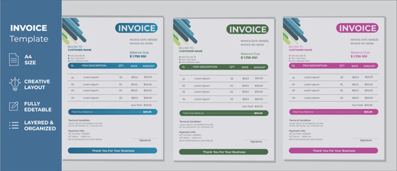 Business invoice form template. Invoicing quotes, money bills or price invoices and payment agreement design templates. 