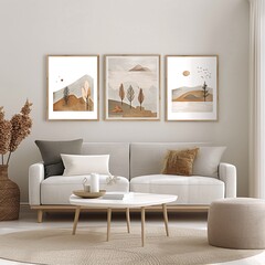 Minimalistic Living Room with Neutral Tones and Framed Nature Artwork
