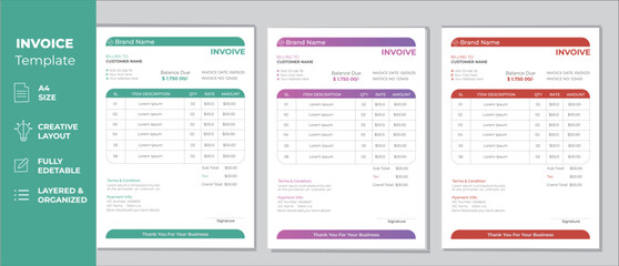 Business invoice form template. Invoicing quotes, money bills or price invoices and payment agreement design templates. 