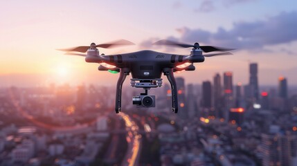 A modern drone with a high-resolution camera flies over a cityscape at sunset, capturing stunning aerial footage. Generative AI
