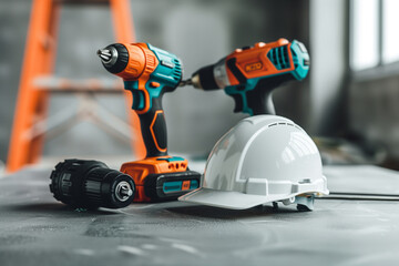 Fototapeta premium A neatly organized toolkit showcasing essential construction tools, including a cordless drill, a white safety helmet, and a robust hammer. The tools are displayed on a clean, indu