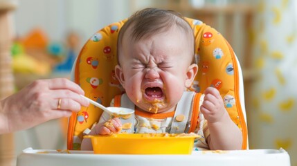 A baby in a high chair is crying while a hand from off-screen feeds them with a spoon.