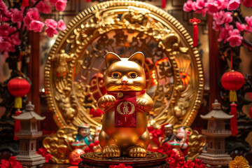 Fototapeta premium A detailed and vibrant shot of a golden Maneki Neko Bicycle Cat adorned with a red cloth, placed in the center of an intricate golden circular pattern. The background is decorated