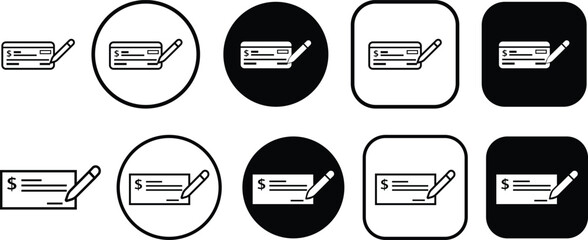 Bank Payment check icon in flat and line style set. vector for apps or website bank cheque symbol. paycheck sign in black Bank Check related glyph icon. Isolated on transparent background.